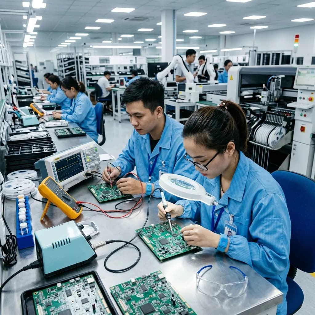 Kỹ thuật viên điện tử đang lắp ráp và kiểm tra bảng mạch